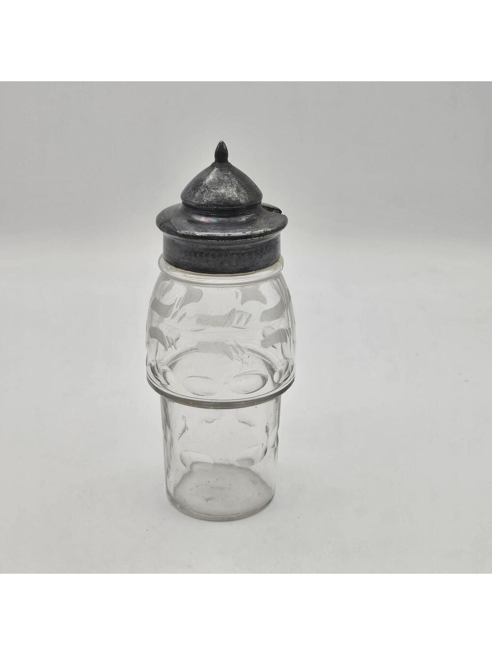 Antique Victorian Era Condiment/Spice Jar Etched Glass Silver Plated Lid ...